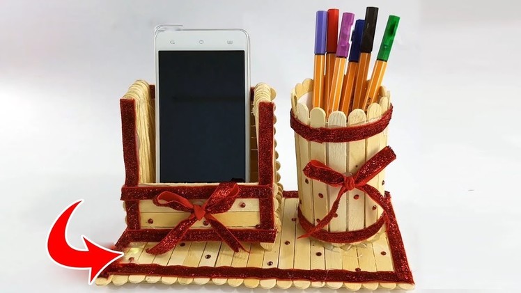 How To Make Pen Stand And Mobile Phone Holder With Ice Cream Sticks || Ideas Factory