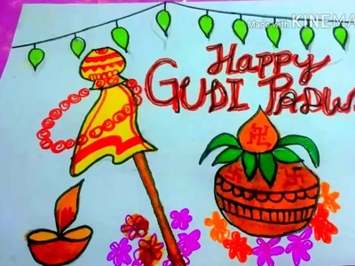 Gudi padwa drawing for kids||Happy gudi padwa drawing||How to draw gudi padwa drawing for kids