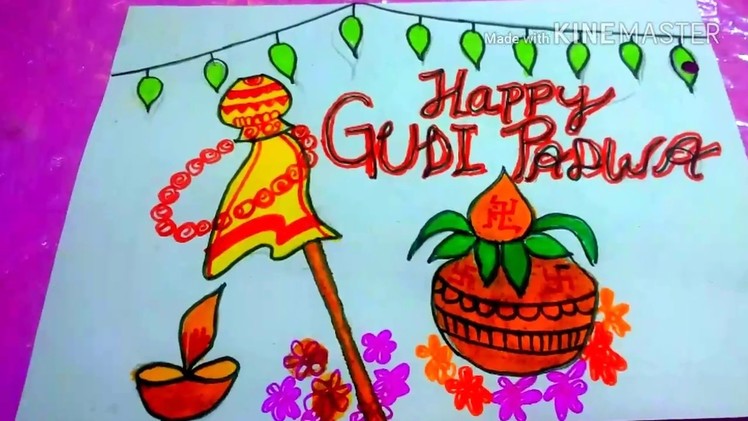 Gudi padwa drawing for kids||Happy gudi padwa drawing||How to draw gudi padwa drawing for kids