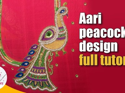 Aari peacock design full tutorial | Hand embroidery peacock design neck blouse | maggam work
