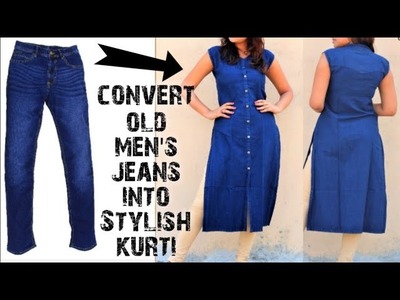 DIY: Convert.Reuse Old Men's Jeans into girls KURTI.DENIM KURTI (HINDI)