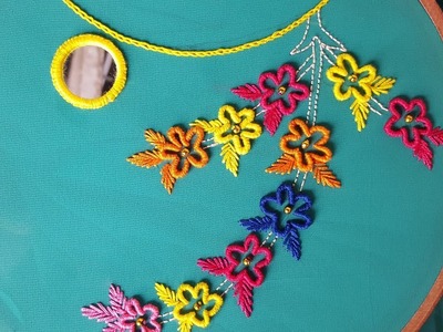 Hand embroidery brazilian neck design hand work by mirror style stitching