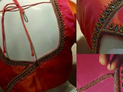 Aari. Maggam embroidery | beaded border, Jardosi padding, double thread chain stitch, Kundan work