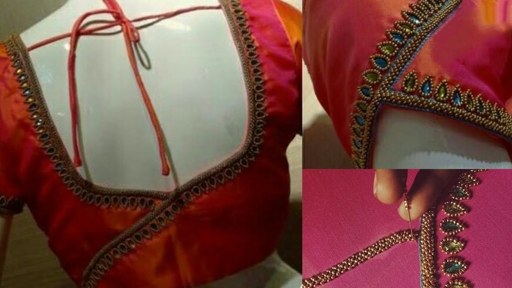 Aari. Maggam embroidery | beaded border, Jardosi padding, double thread chain stitch, Kundan work
