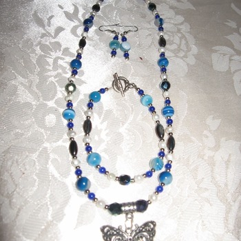 Brand New Original Handmade Blue Agate Butterfly Complete Necklace Set