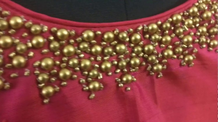 Embroidery on Saree Blouse #043 - Golden Bead Work on Neck Design