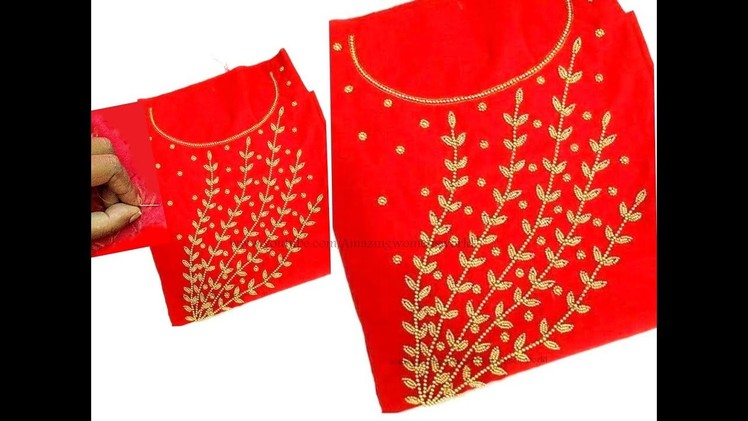Gold Beads Designing for Churidar. Kurti - Very Simple & Easy - Aari. Maggam Work Embroidery