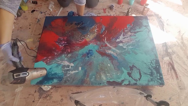 How to do an acrylic pour on a Large canvas using a hairdryer. Second layer demo