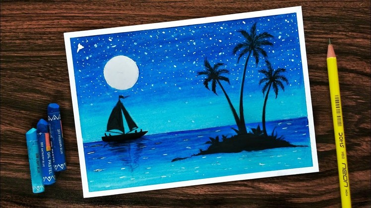 How to Draw Scenery of Moonlight with Oil Pastel step by step