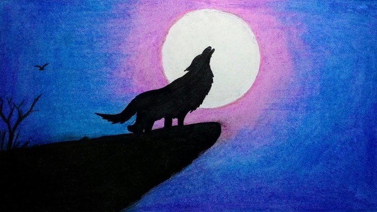 How to draw Scenery of Moonlight Wolf with Oil Pastel step by step