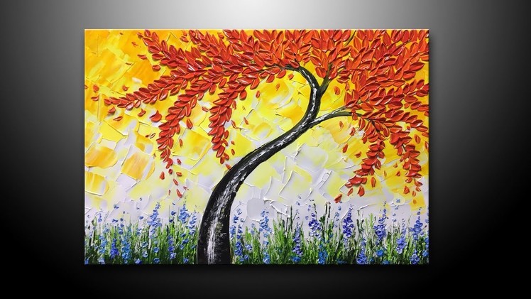 Paint a white leaves tree thick palette knife in Acrylic