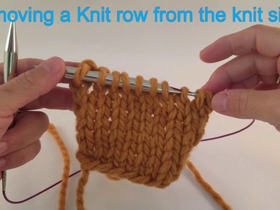 Unknitting, TINKing, De-knitting, removing a row of knitting from left to right.