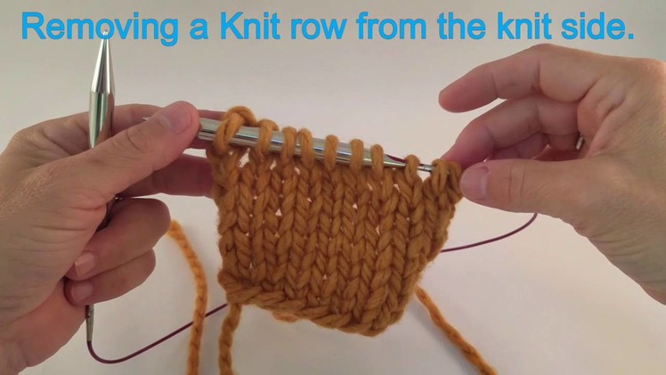 Unknitting, TINKing, De-knitting, removing a row of knitting from left to right.