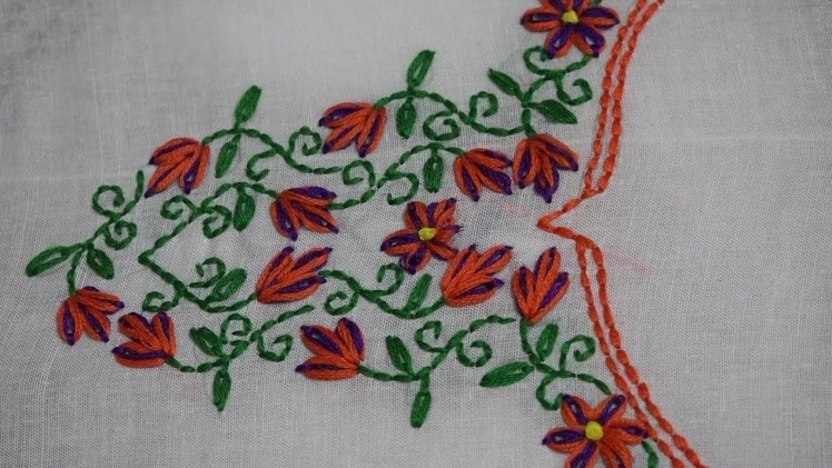 Hand Embroidery : Neckline Embroidery Stitches For Beginners : Lazy Daisy Stitch & Back Stitch