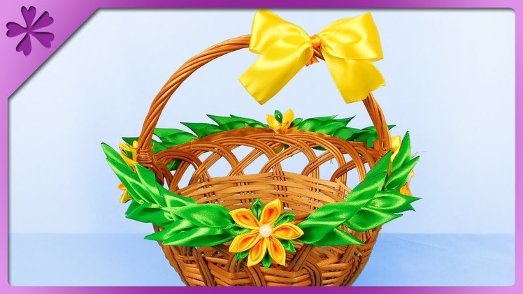 DIY How to decorate Easter basket by using kanzashi ribbon flowers (ENG Subtitles) - Speed up #471