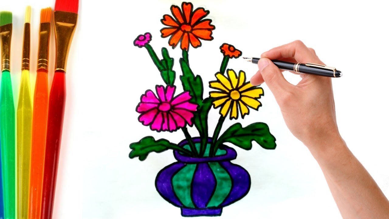 Vase Flower Pot Drawing With Colour Easy - img-Abby