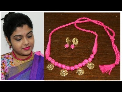 How To Make Beautiful Cotton Beads And Golden Oxidised Necklace