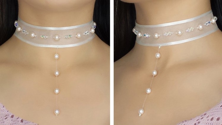 How to Make Princess Style Ribbon Choker Necklace with Crystals and Floating Pearls