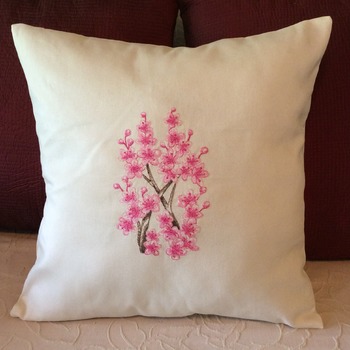 Pillow Cover -   Off White Cover with Pink Embroidered Cherry Blossoms - Handmade