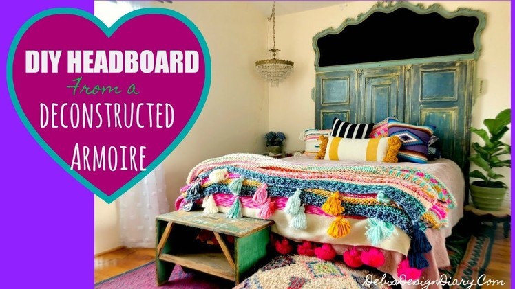 DIY Headboard from a deconstructed Armoire and how to paint velvet upholstery