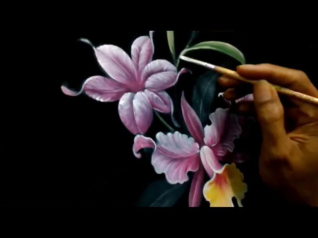 How to Paint Orchids And Lily Flowers Leaf on Black Fabric Using Textile Paint, melukis bunga lili