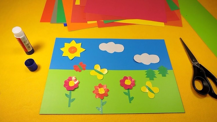 Paper crafts for kids Picture from colored paper with flowers butterflies Education fun for children