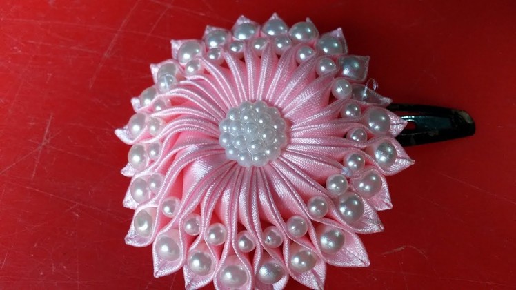 WOW! Amazing DIY Ribbon flower with beads - Kanzashi flower hair clip - How to make ribbon flower