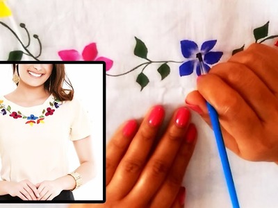 Boat Neck Hand Painted Designer Top | Free Hand Fabric Painting Designs| Very Simple & easy
