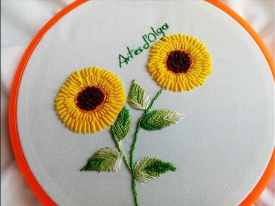 Bullion stitch sunflowers|Girasoles en Puntada Rococó|Hand Embroidery Tutorial|Artesd'Olga