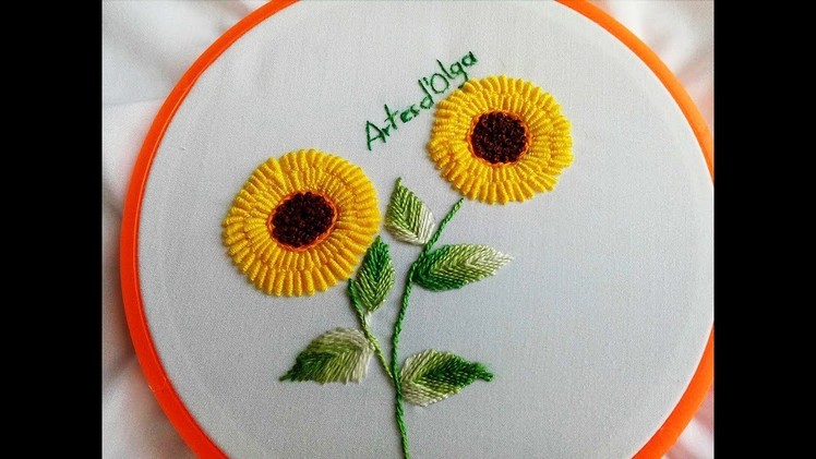 Bullion stitch sunflowers|Girasoles en Puntada Rococó|Hand Embroidery Tutorial|Artesd'Olga