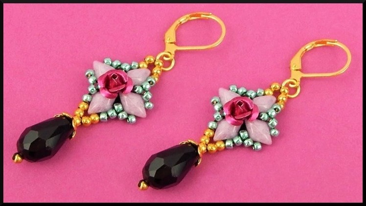 DIY | Perlen Ohrringe mit Tropfen Perle | Beaded gemduo earrings with teardrop and rose | Beadwork