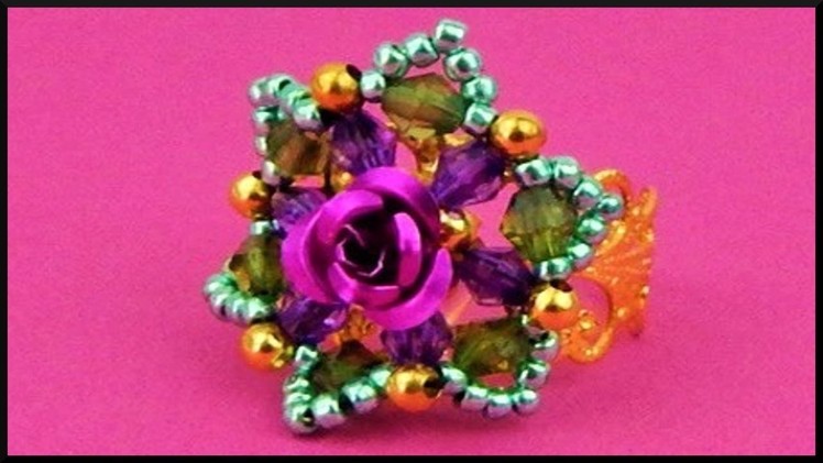 DIY | Rosen Perlen Ring | Beaded star ring with rose bead and bicones | Beadwork jewelry