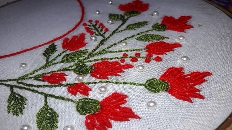 Hand Embroidery:Boat neck embroidery |  Bullion Lazy Stitch| by nakshi katha.