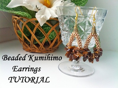 Beaded Kumihimo earrings with tiger eye gemstone chips 7 strands