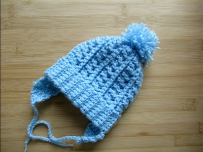 Easy crochet Baby beanie hat Newborn 12"-14" tutorial Pom Pom Ear flaps Happy Crochet Club