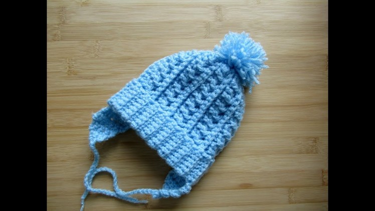 Easy crochet Baby beanie hat Newborn 12"-14" tutorial Pom Pom Ear flaps Happy Crochet Club