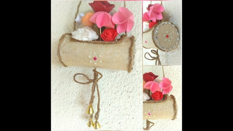Hanging Flower Basket Made by Waste Box and Jute bag. Jute Flower Vase from Chips Box