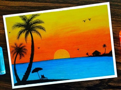 How to draw Sunset Scenery for Beginners with Oil Pastel step by step