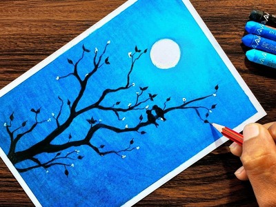 Moonlight Drawing for beginners with Oil Pastel step by step