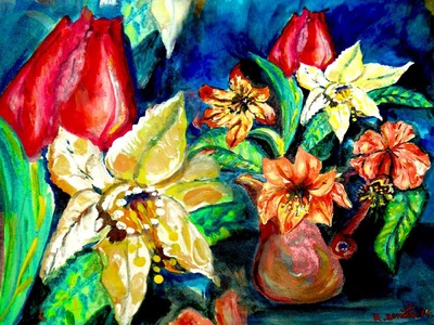 Painting Flowers arrangement Acrylic as Watercolor Contemporary Impressionist: Rami Benatar
