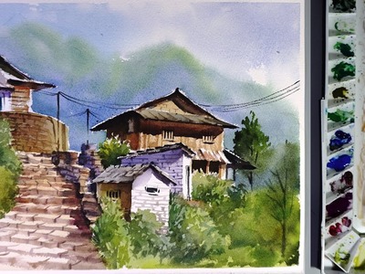 Watercolor Landscape Painting : ghandruk village