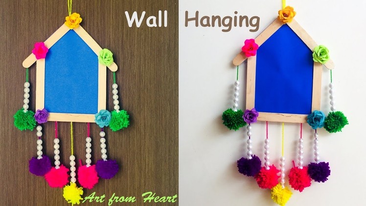 DIY - Wall Hanging from Paper.Paper craft.Popsicle stick.Pompom craft. Home decoration idea
