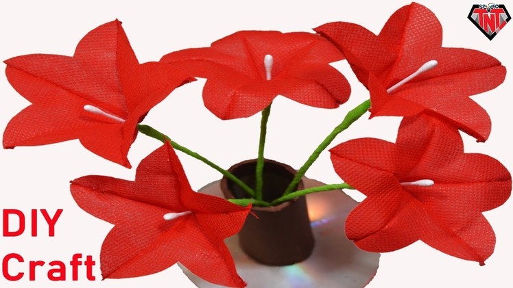 DIY Waste Craft How To Make Shopping Fabric Bag Flower Stick || শপিং ব্যাগ দিয়ে জবা ফুল