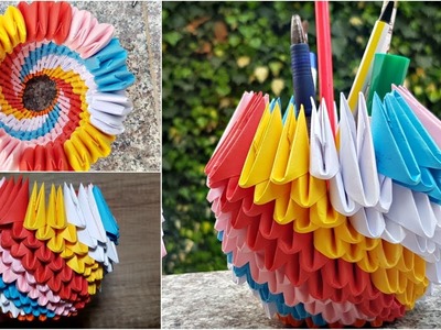 How To make 3D Origami Pen Holder | DIY Origami Basket