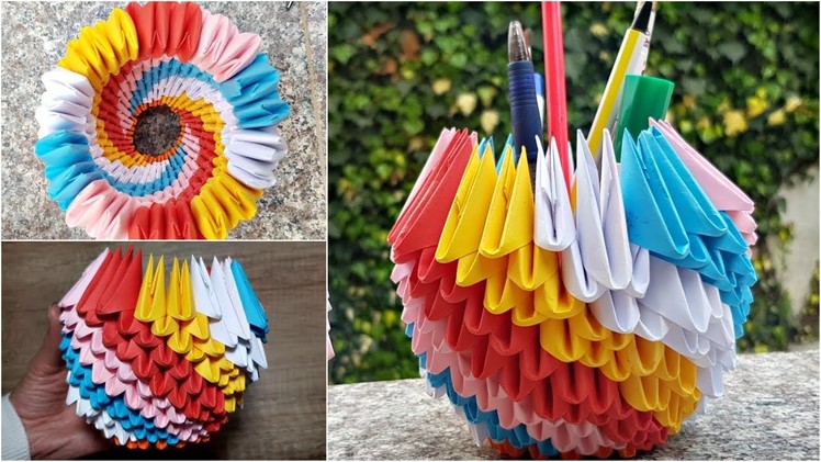 How To make 3D Origami Pen Holder | DIY Origami Basket