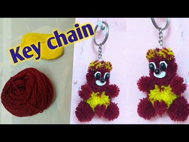 Teddy Bear Pom Pom Key chain.woollen thread craft ideas.key chain making with woollen thread