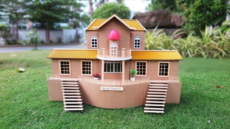 Amazing Cardboard Mansion House  -  DIY Popsicle Stick Crafts