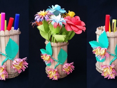 DIY: How to Make Popsicle Stick.Ice cream Stick Pen & Pencil Holder.Flower Vase!!!