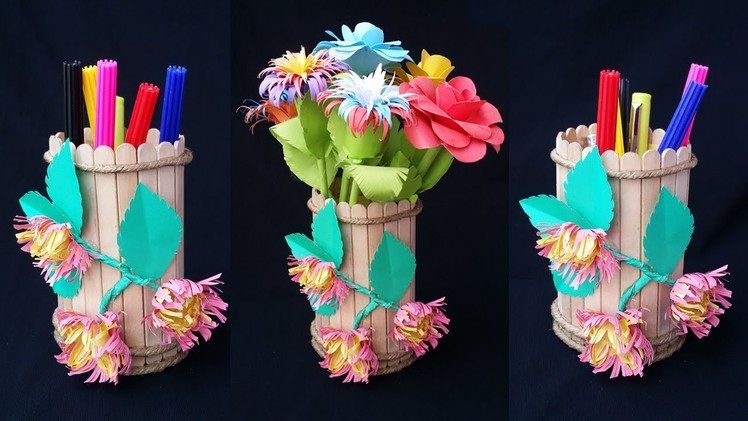 DIY: How to Make Popsicle Stick.Ice cream Stick Pen & Pencil Holder.Flower Vase!!!