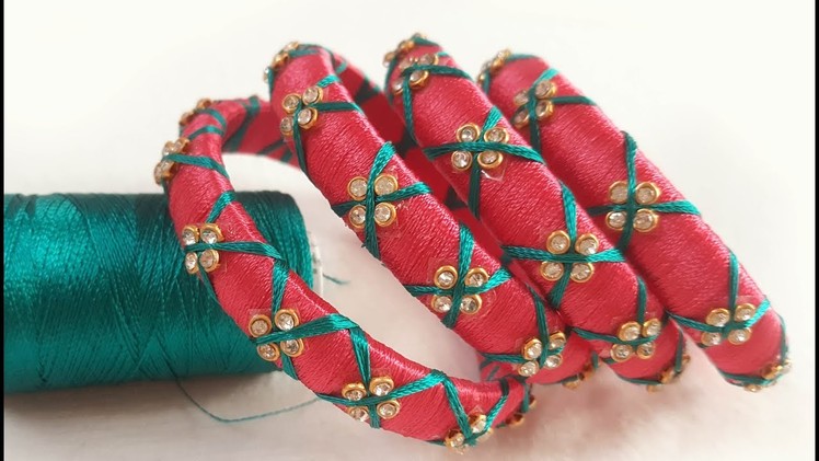 How to make criss cross red green silk thread bangles at home. thread bangle making video